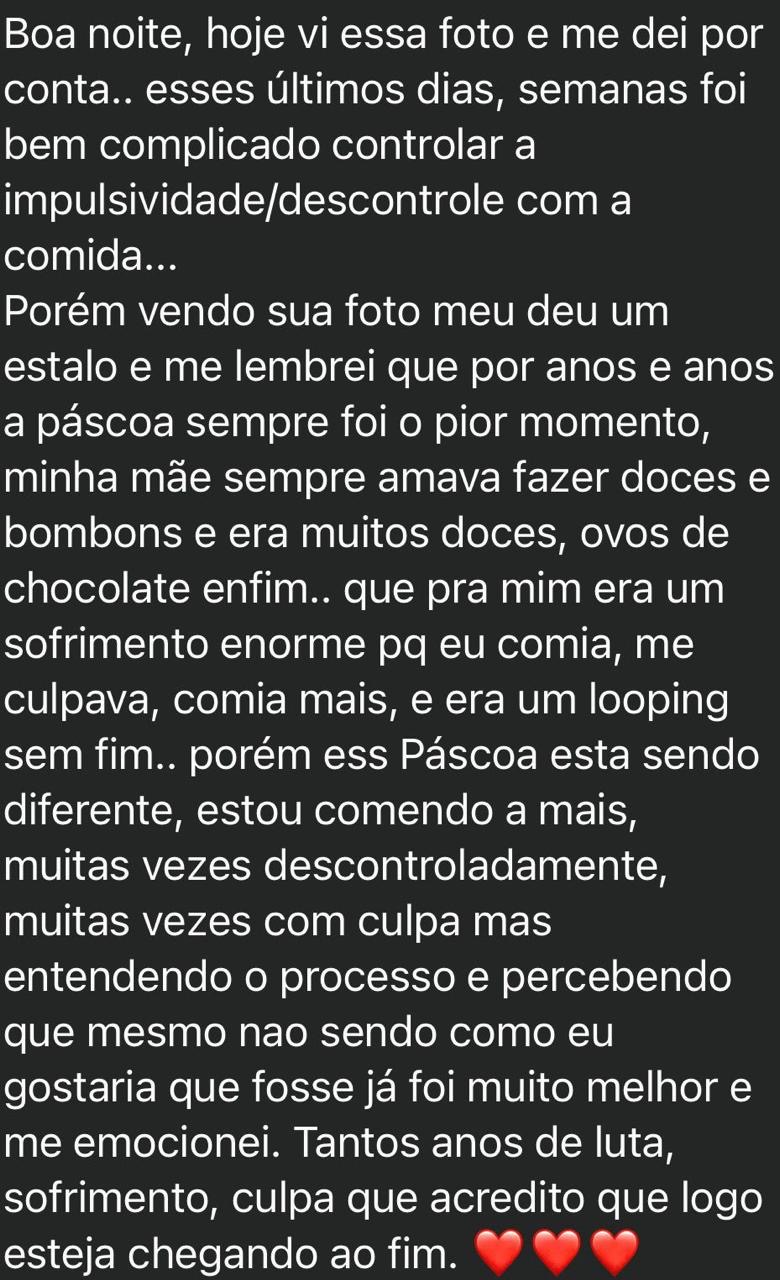 Mensagem de paciente atendida online sobre a Páscoa, a culpa e o progresso não linear.