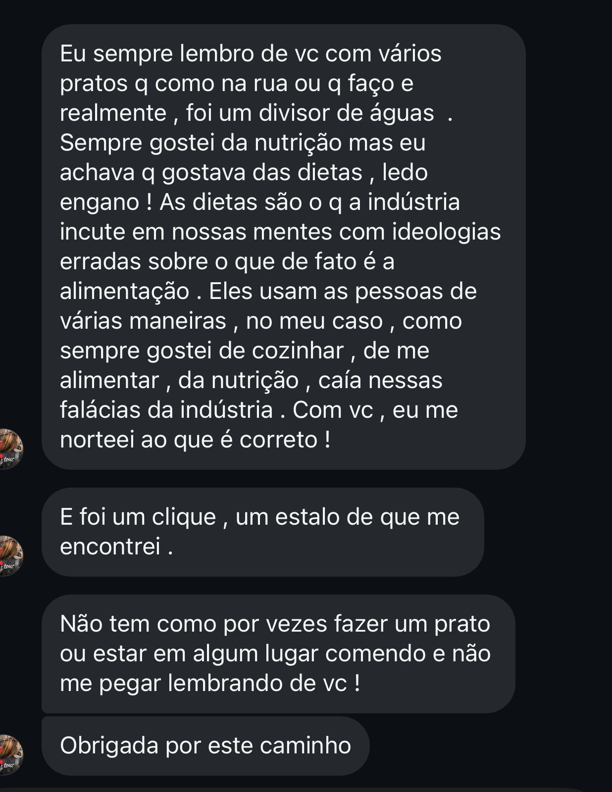 Print de mensagem de paciente sobre deixar as dietas para trás