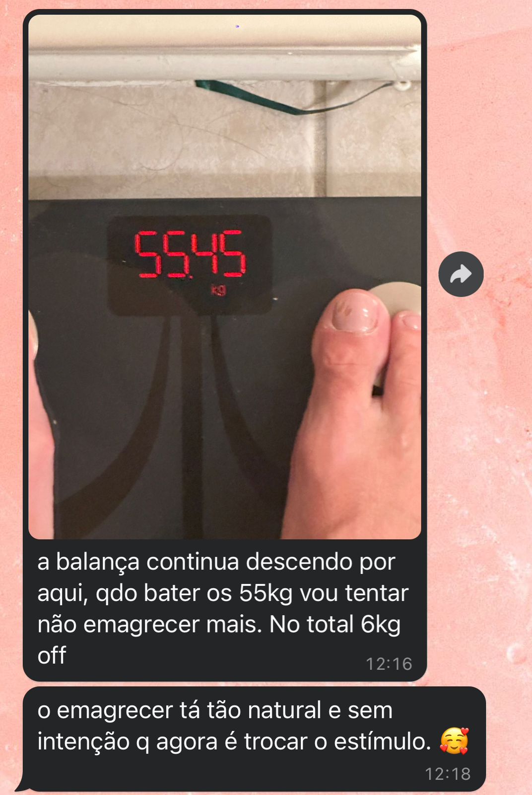 Print de mensagem de paciente relatando 6 kg perdidos