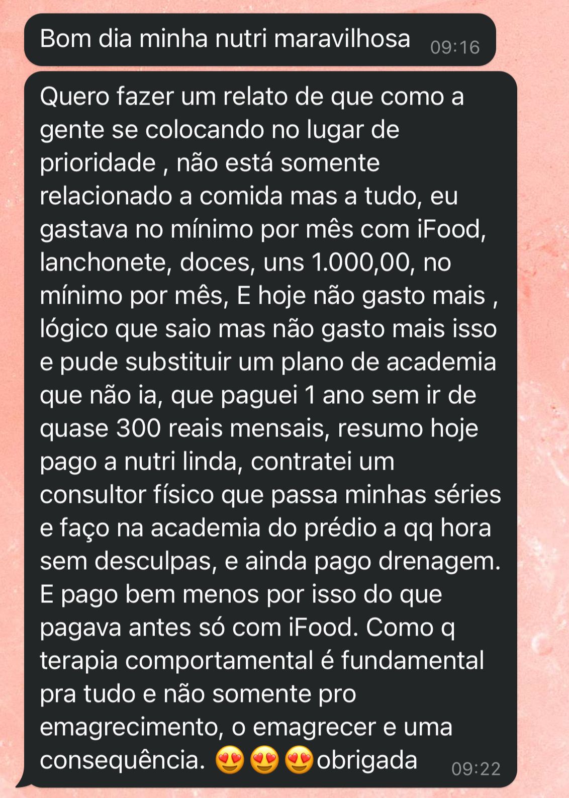 Print de mensagem de paciente sobre reorganizar a rotina e os gastos