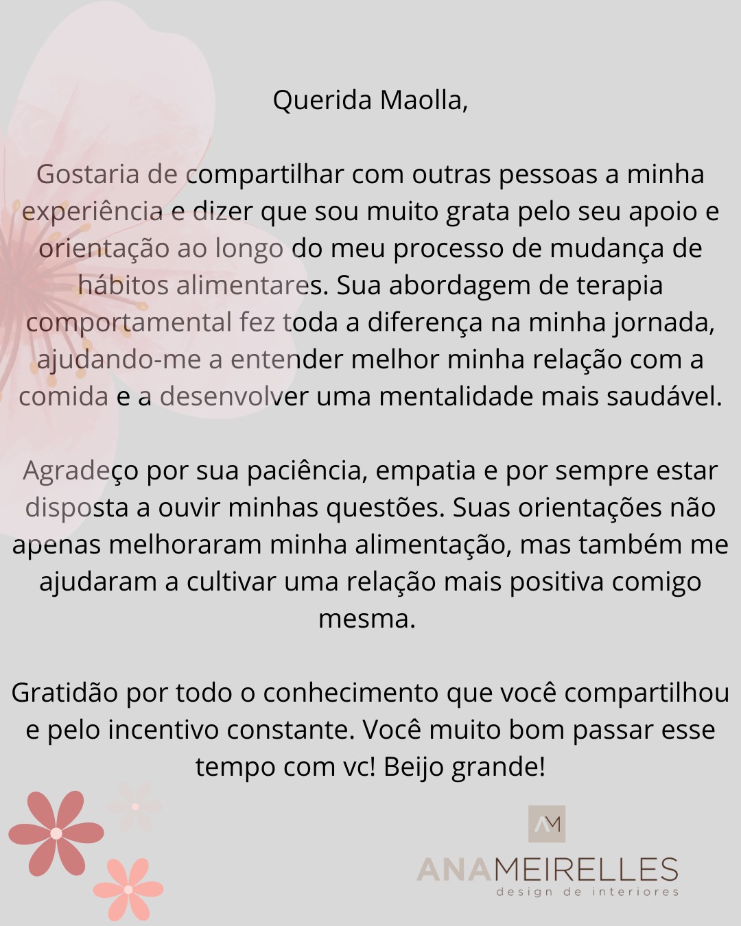 Carta de agradecimento de paciente sobre a mudança de hábitos alimentares