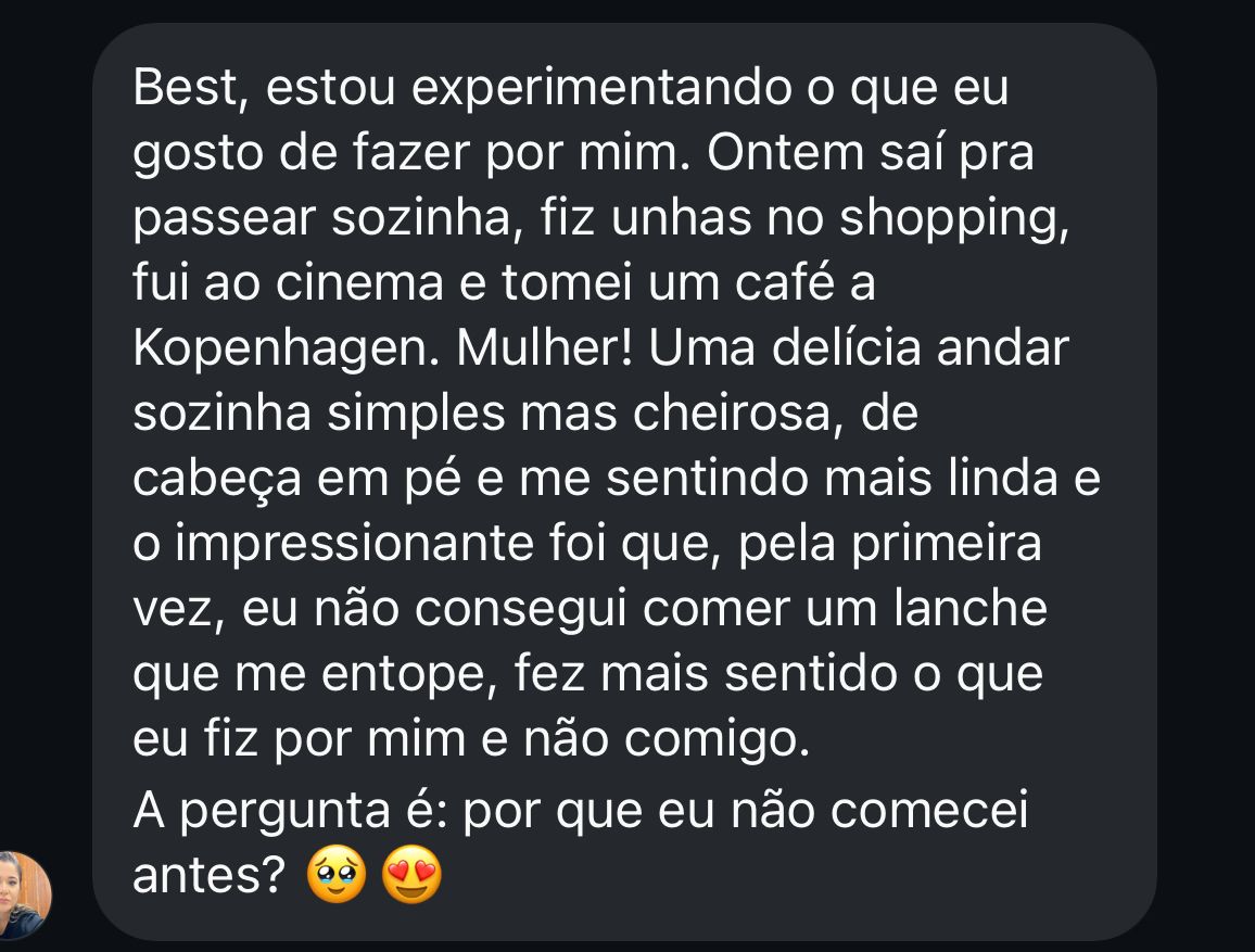Print de mensagem de paciente sobre um dia de autocuidado sem compulsão