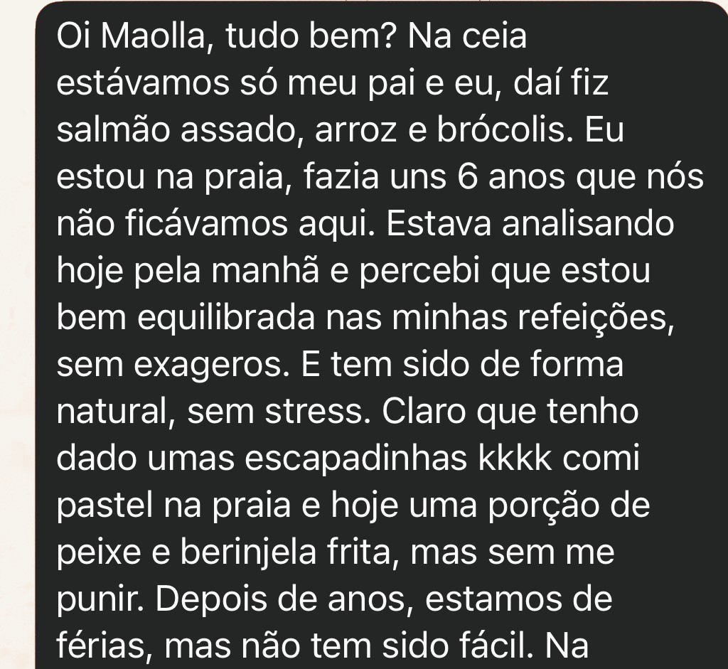 Mensagem de paciente atendida online sobre viver as férias com equilíbrio e sem punição depois.