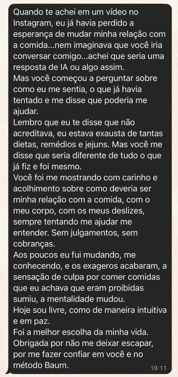 Mensagem de paciente atendida online sobre o fim da culpa e o começo de uma alimentação intuitiva.