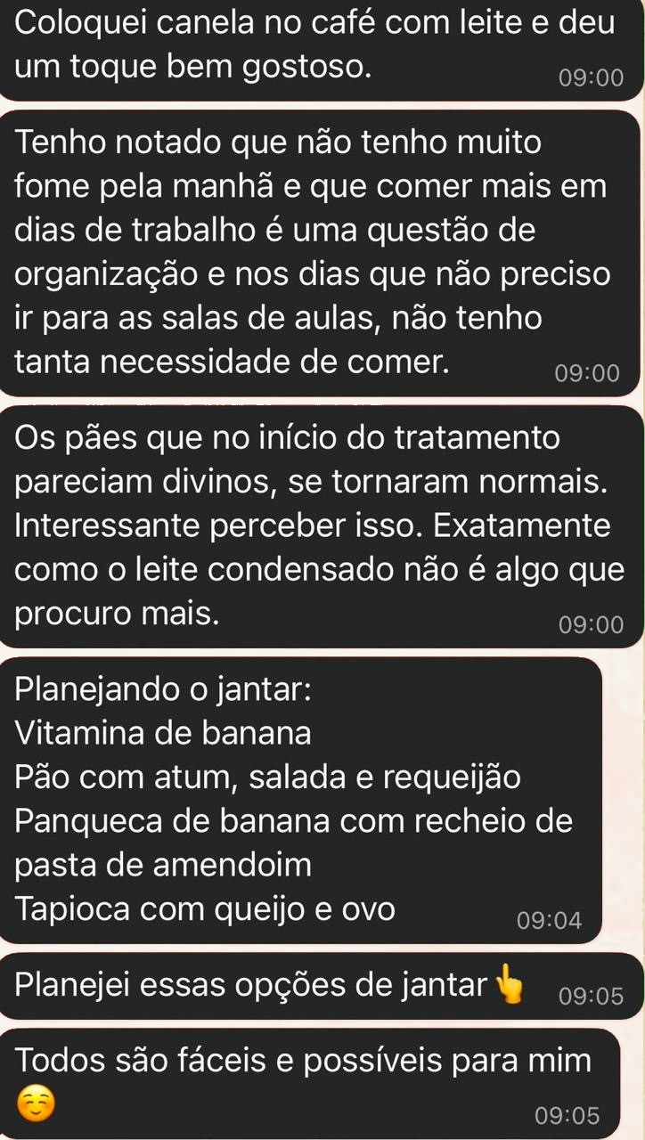 Mensagem de paciente atendida online sobre perceber a fome e organizar a rotina de forma possível.
