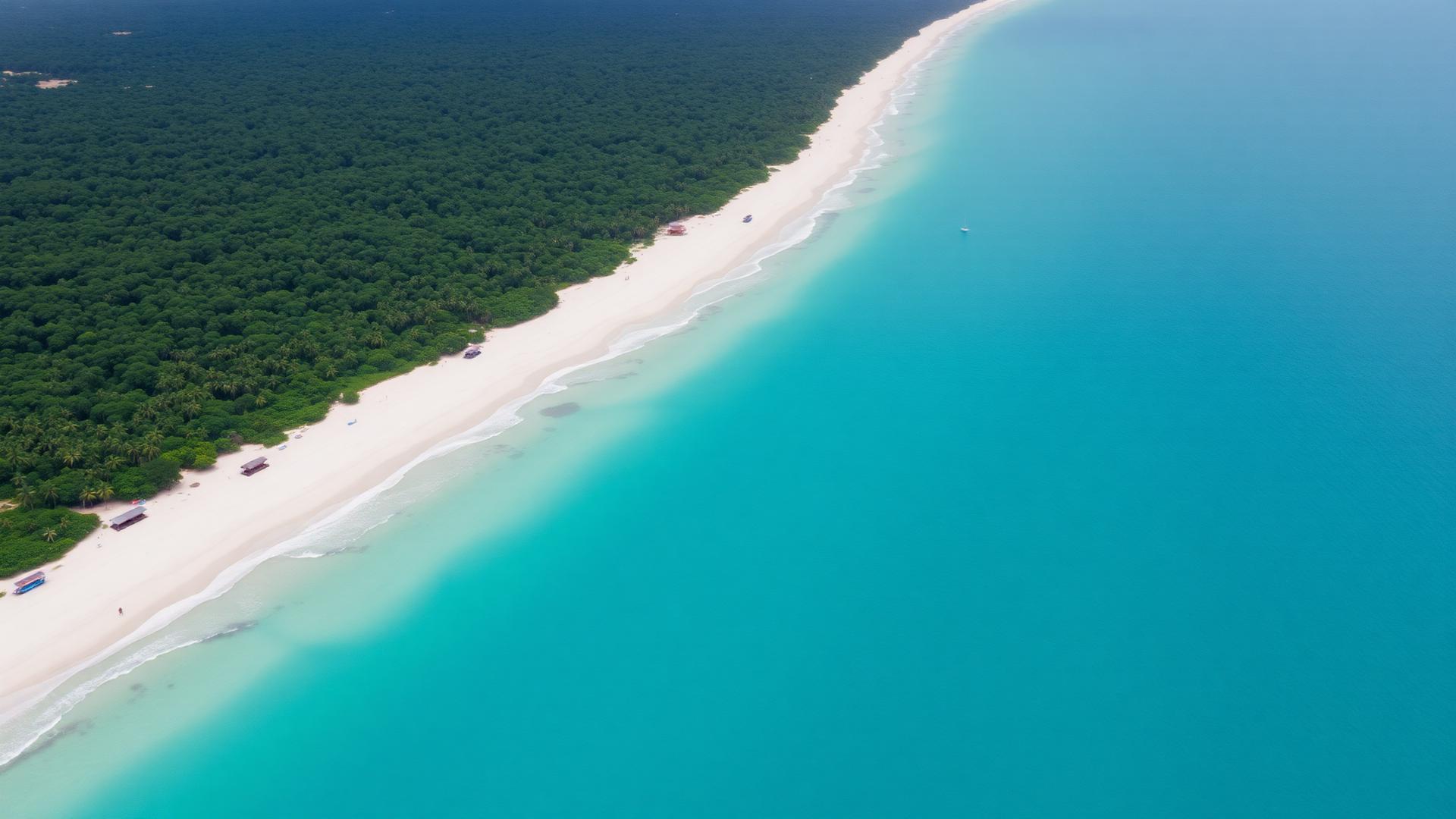 Vista aérea de uma longa faixa de litoral brasileiro com mata atlântica