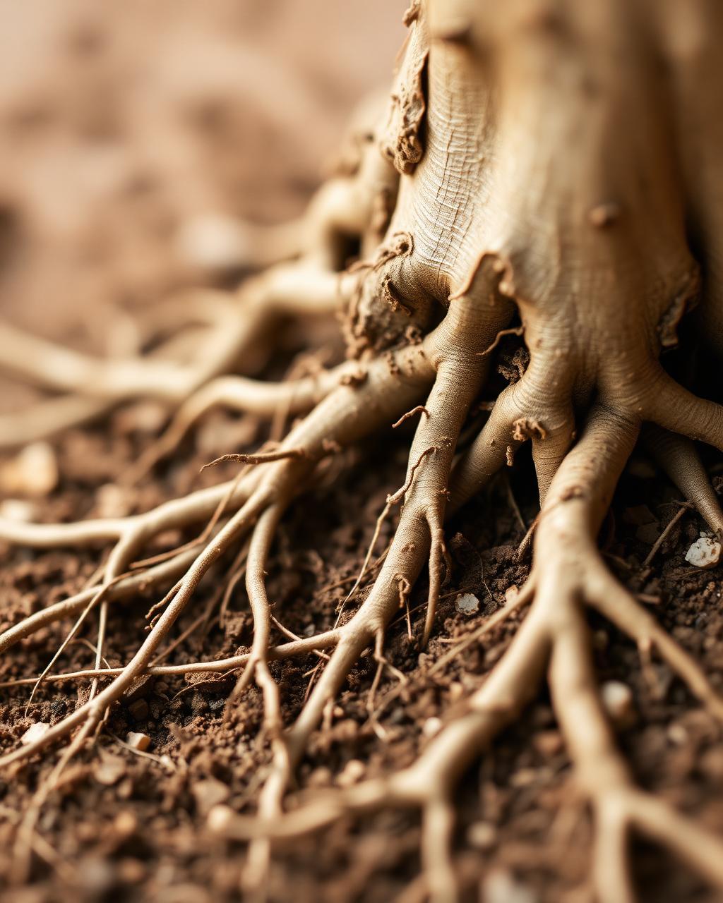 Raízes de uma árvore na terra, em luz quente — imagem editorial do pilar Consciência